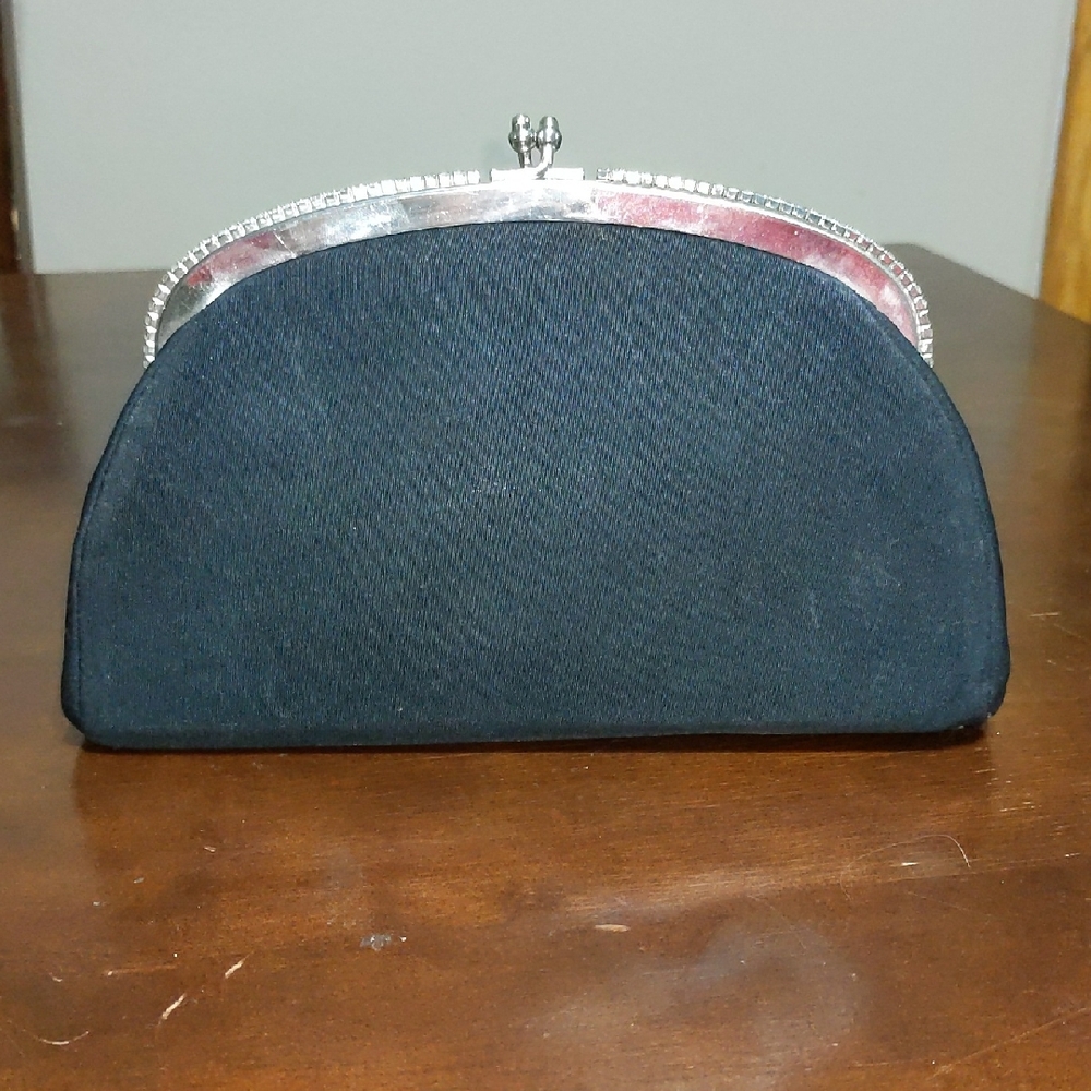 Black and Silver Clutch with Decorative Trim and Metal Closure